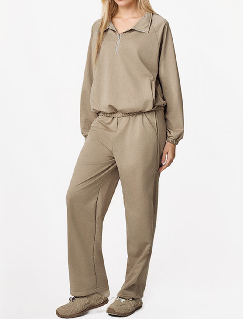 Casual Collared Zip-Up Long Sleeve Top and Pants Set