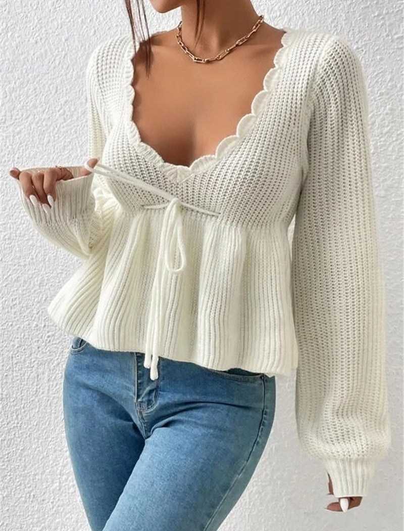 Loose V-Neck Tie Front Ruffle Knit Top