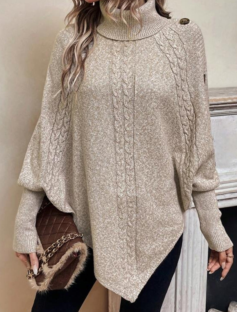 Cable Knit Button-Accent Poncho Sweater