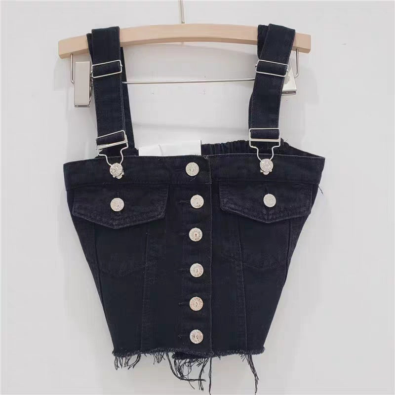 Button-Front Denim Crop Top