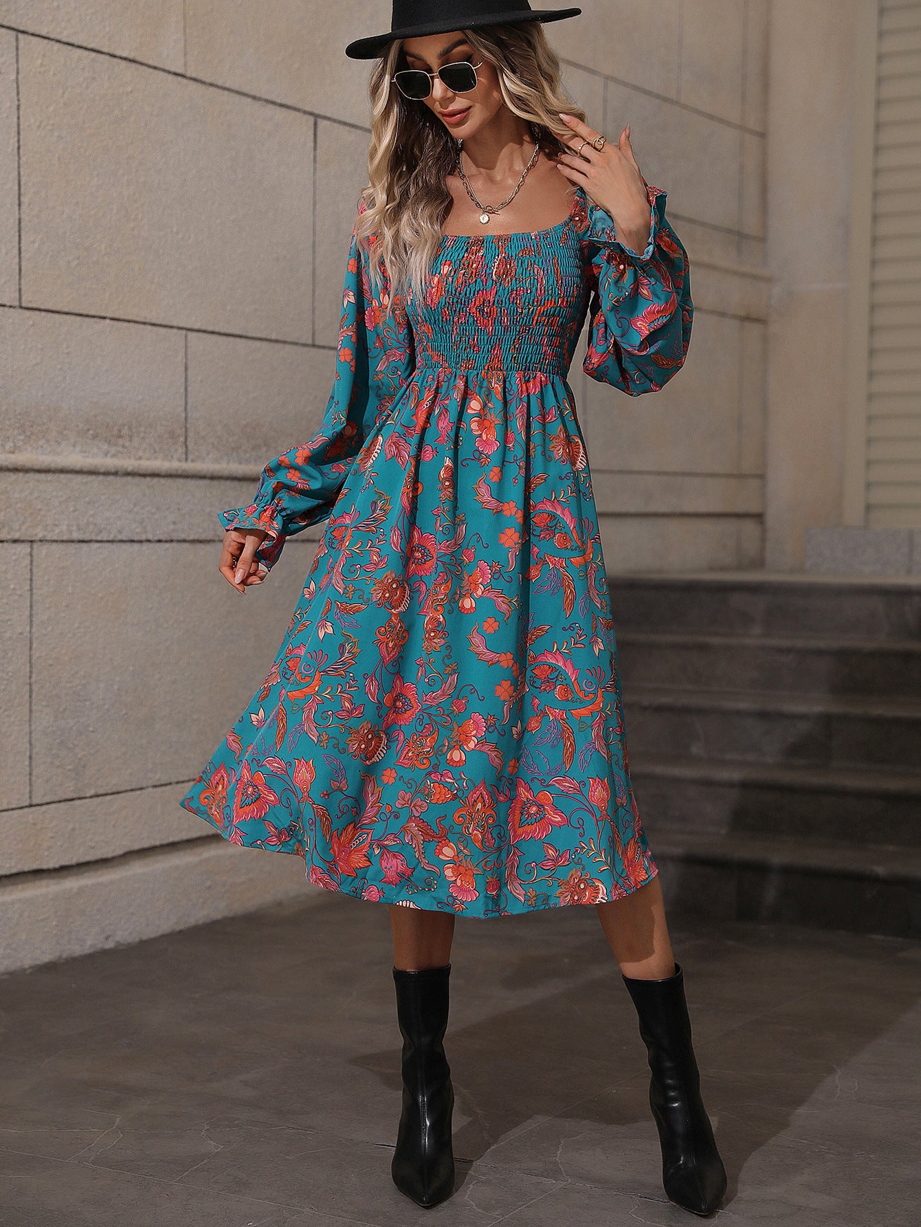 Floral Print Smocked Midi Dress