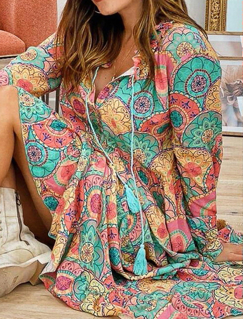 Bohemian Floral Maxi Dress with Tassel Tie