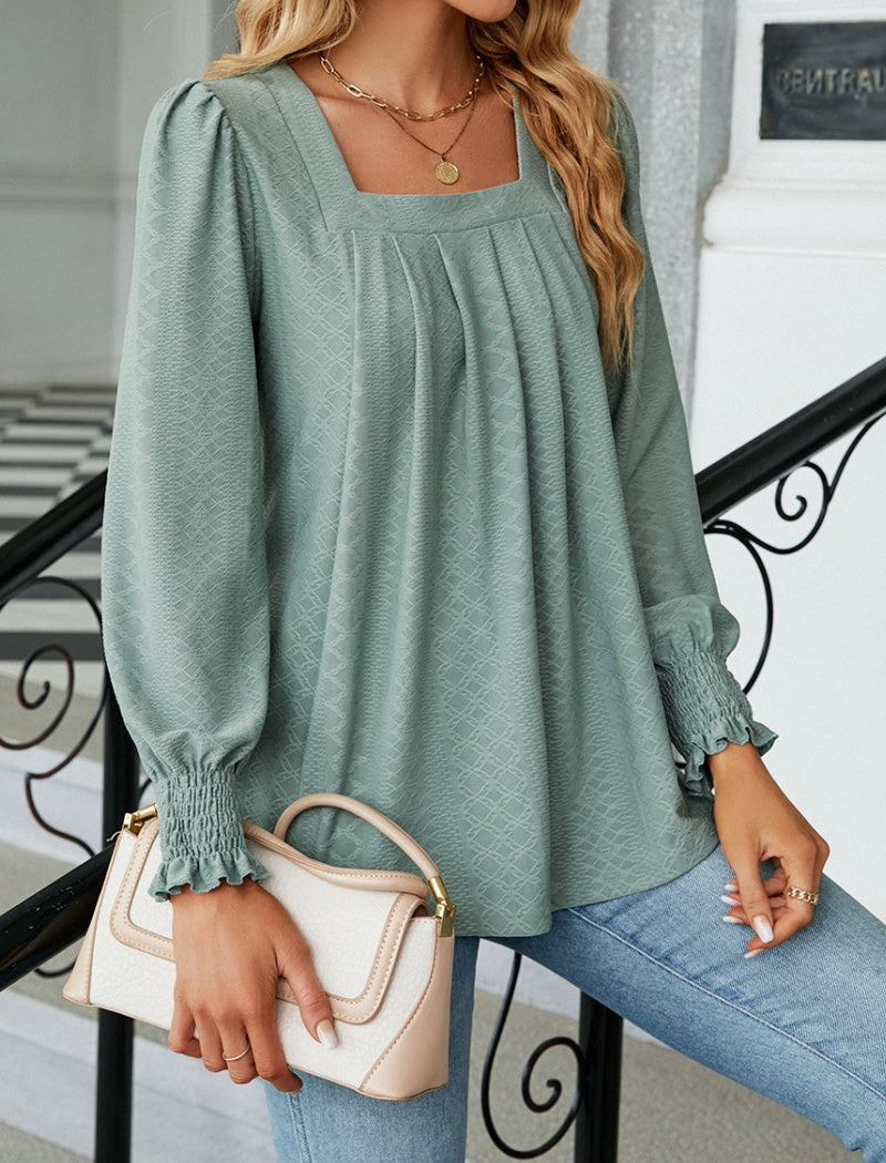 Jacquard Pleated Square Neck Long Sleeve Top