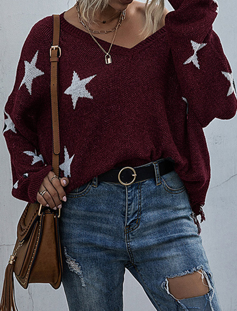 Star Print V-Neck Cropped Sweater