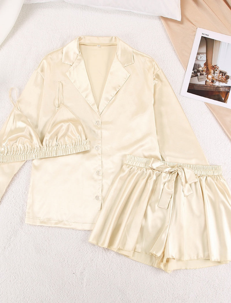 Satin Lounge Set with Button-Up Shirt and Shorts