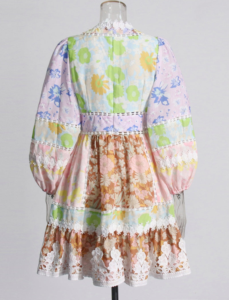 Patchwork Lace Puff-Sleeve Dress