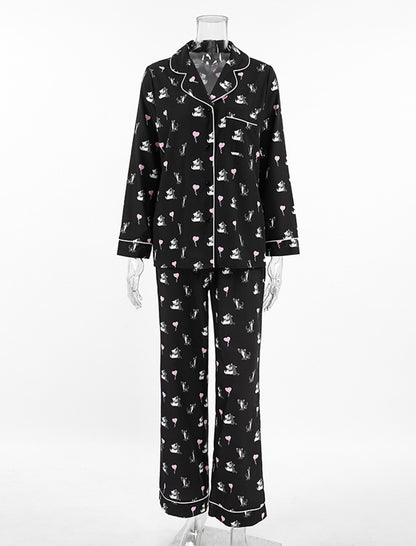 Satin Pajama Set with Cat Print