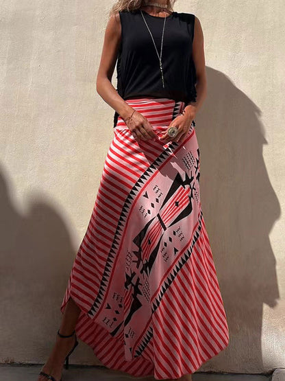 Solid Tank and Graphic Print Skirt Set