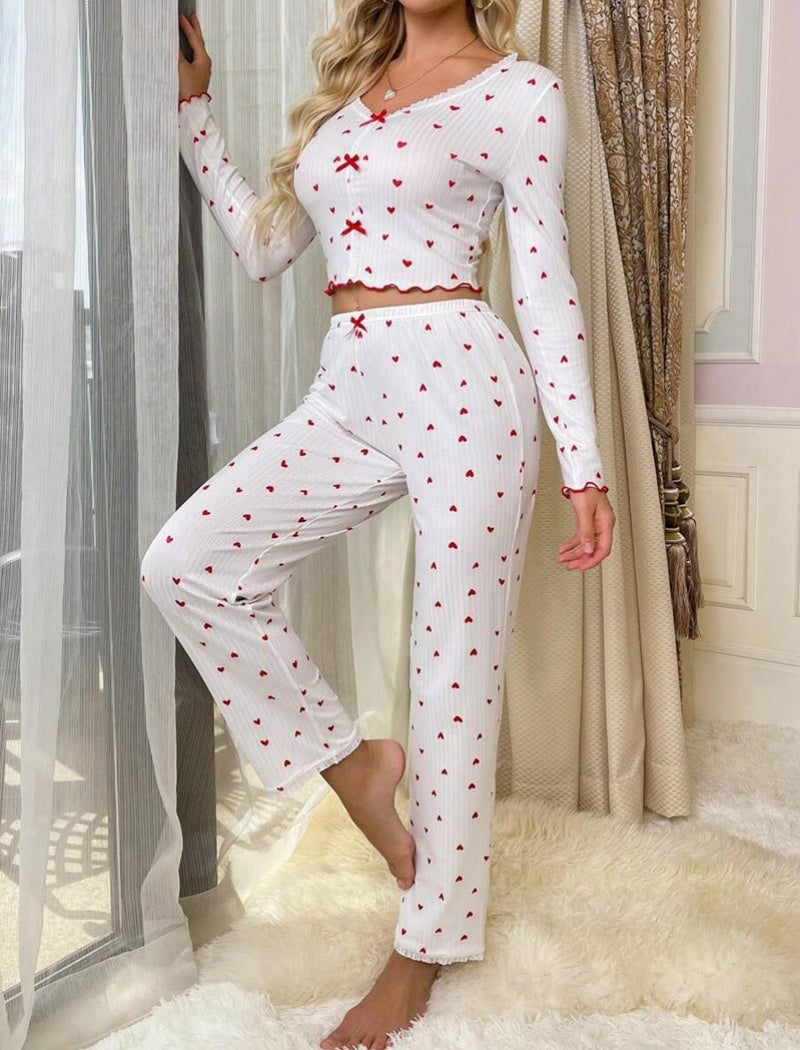 Rolled-Cuff Heart V-Neck Long Sleeve Pajama Set
