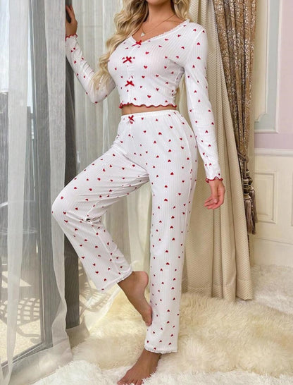 Rolled-Cuff Heart V-Neck Long Sleeve Pajama Set