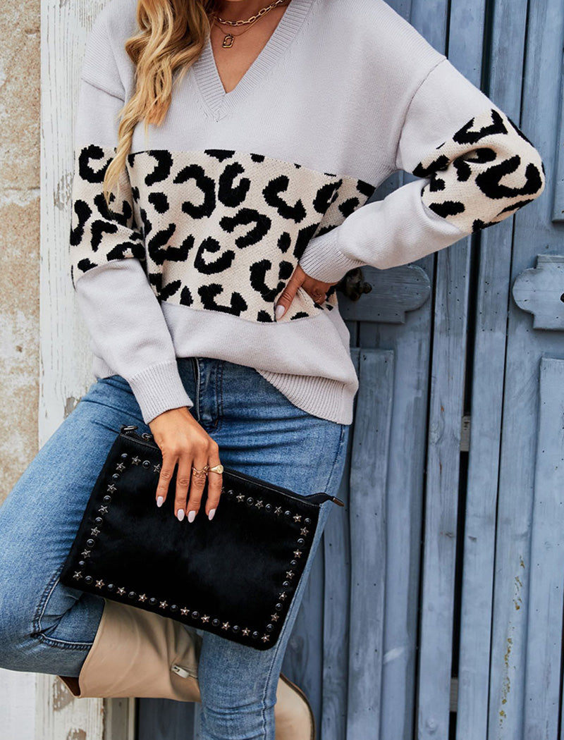 Leopard Accent V-Neck Sweater