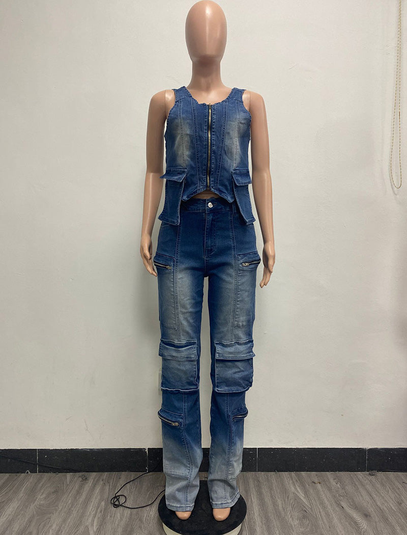 Denim Cargo Vest and Wide-Leg Pants Set