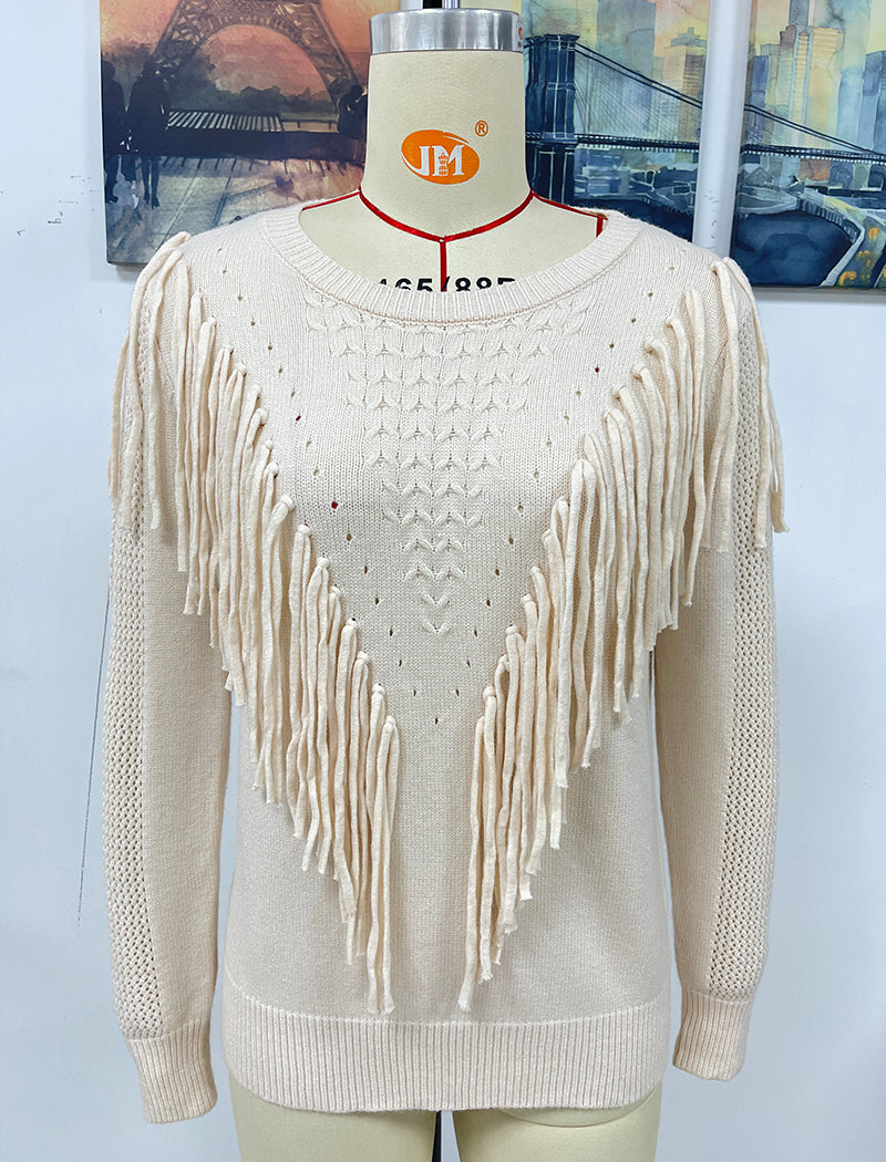 Fringe Detail Textured Knit Sweater