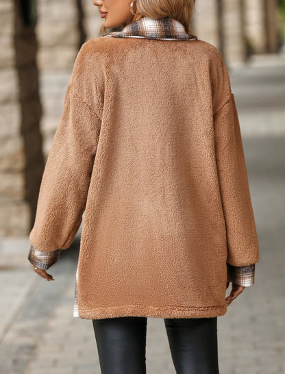 Plaid Trim Sherpa Overshirt