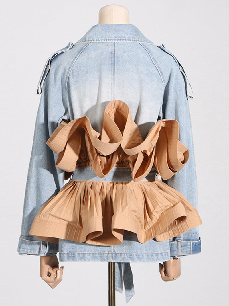 Colorblock Ruffled Belted Denim Jacket