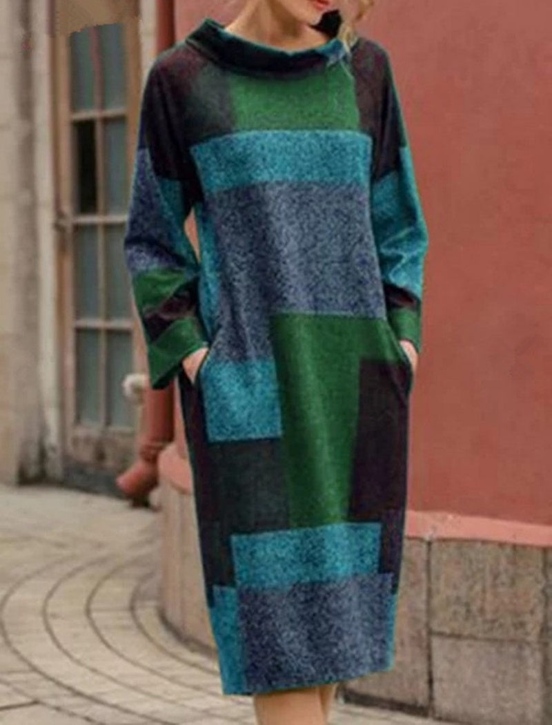 Colorblock Patchwork Long Sleeve Midi Dress