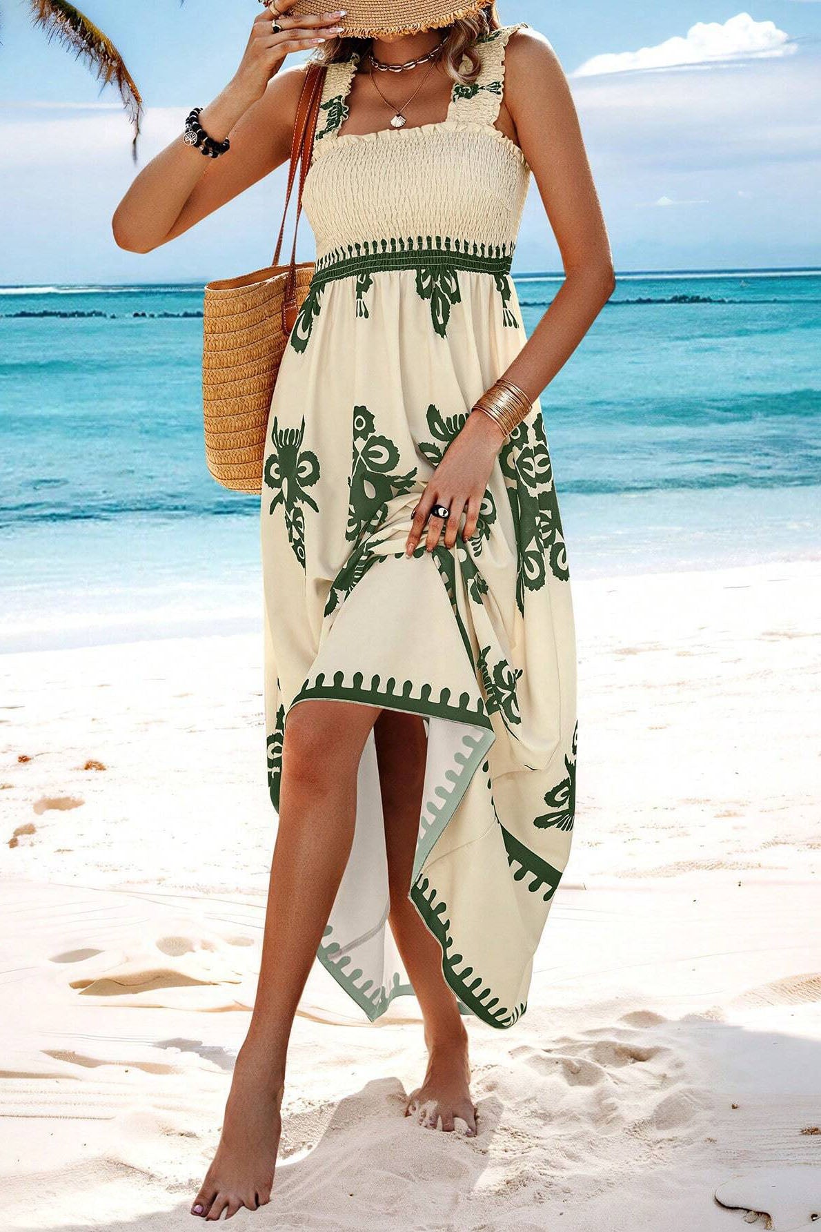 Boho Print Smocked Maxi Dress