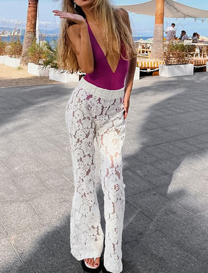 Sheer Floral Lace High-Waisted Pants