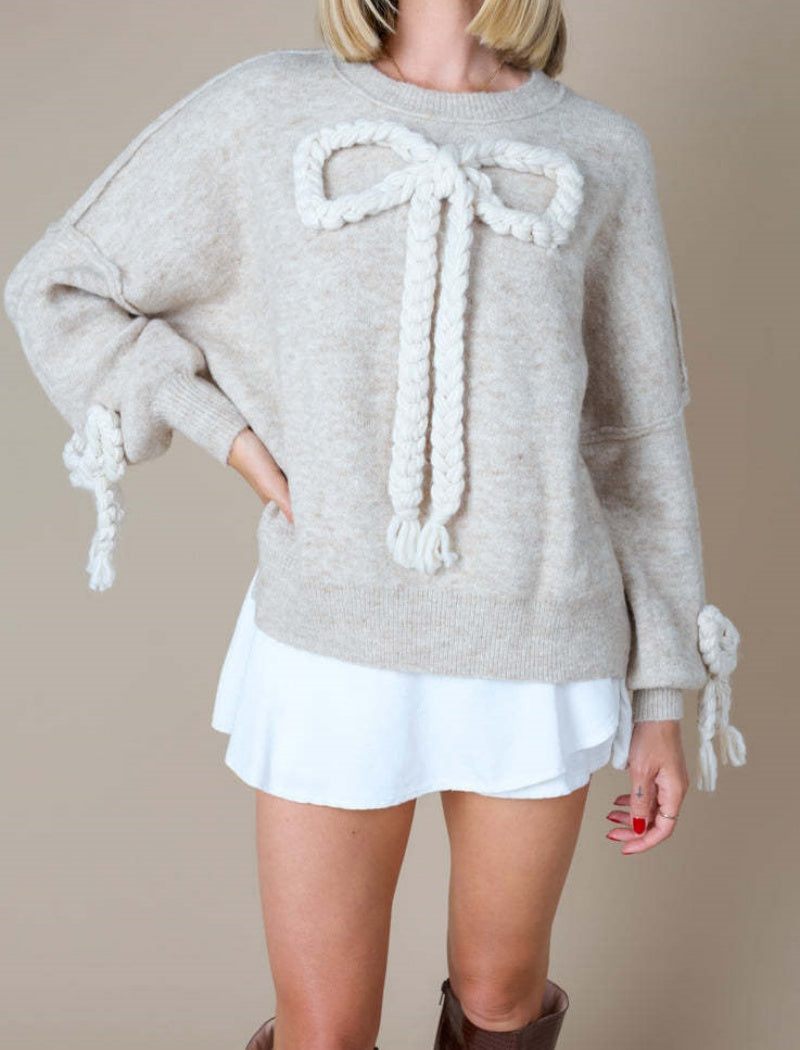 Oversized Sweater with Braided Bow Accent