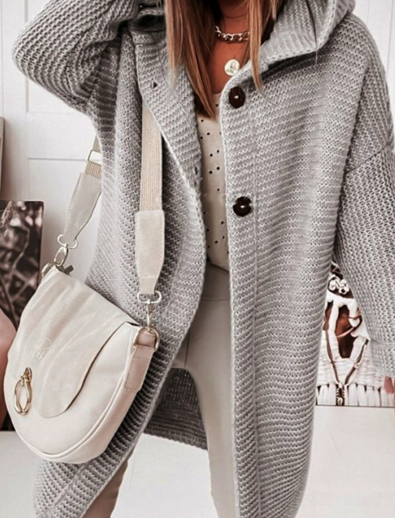 Oversized Button-Up Knit Hooded Cardigan