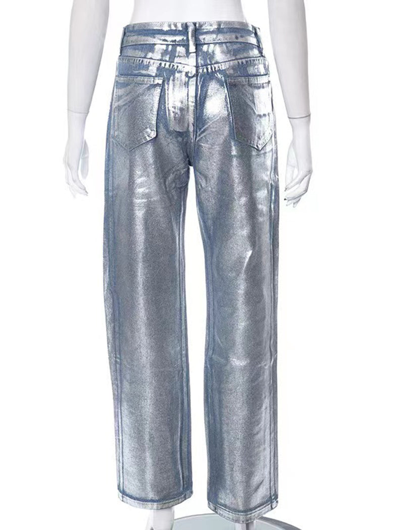 Straight-Leg Blue Silver-Printed Jeans