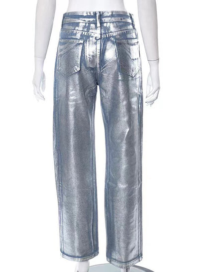 Straight-Leg Blue Silver-Printed Jeans