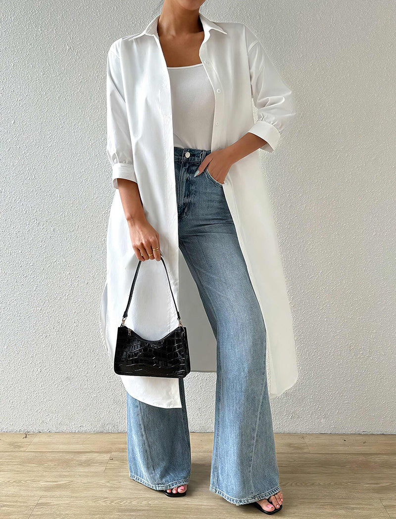 Solid Mid-Sleeve Long Cardigan Shirt