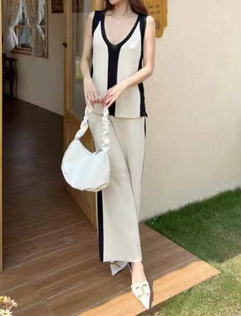 V-Neck Knit Top and Color-Block Wide-Leg Pants Set