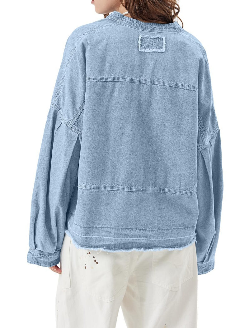 Distressed Hem Denim Pullover Top