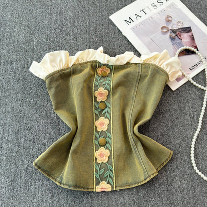 Ruffle Trim Off-Shoulder Denim Bustier