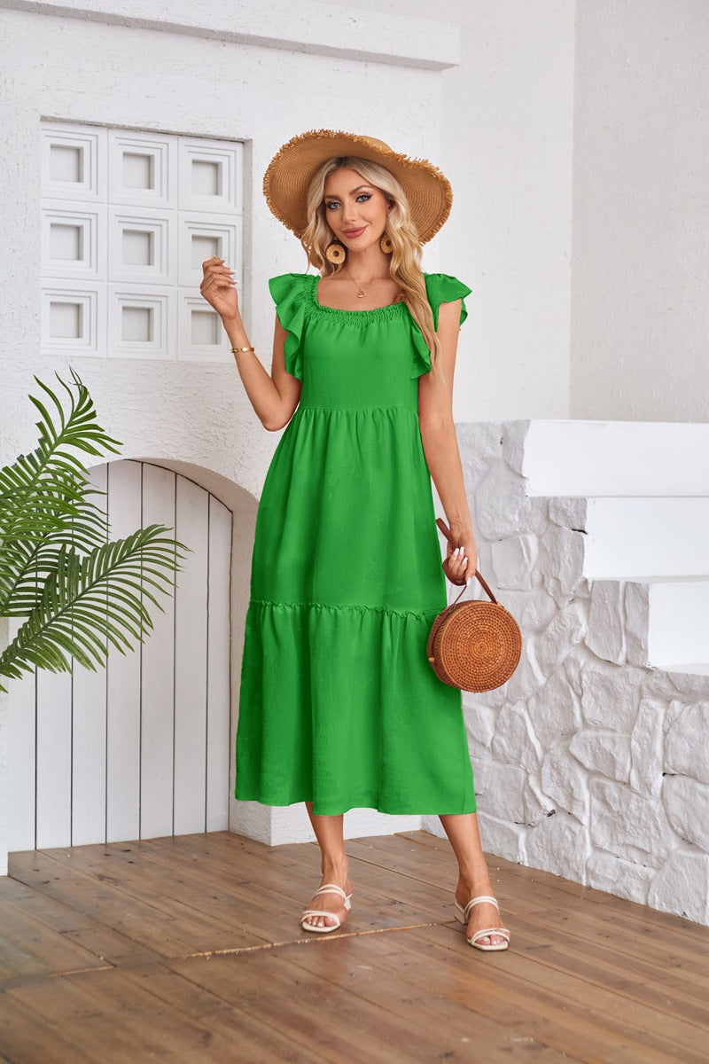 Solid Ruffle Sleeve Midi Dress