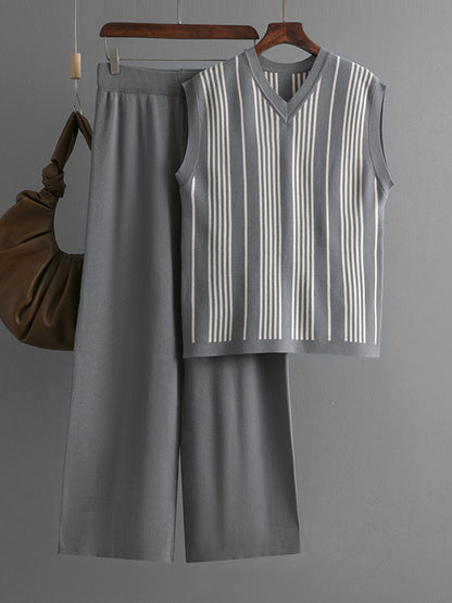 Striped Knit Top and Wide-Leg Pants Set