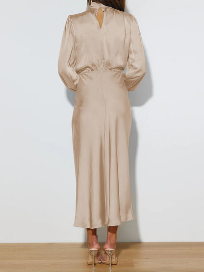 High-Neck Long-Sleeve Midi Dress