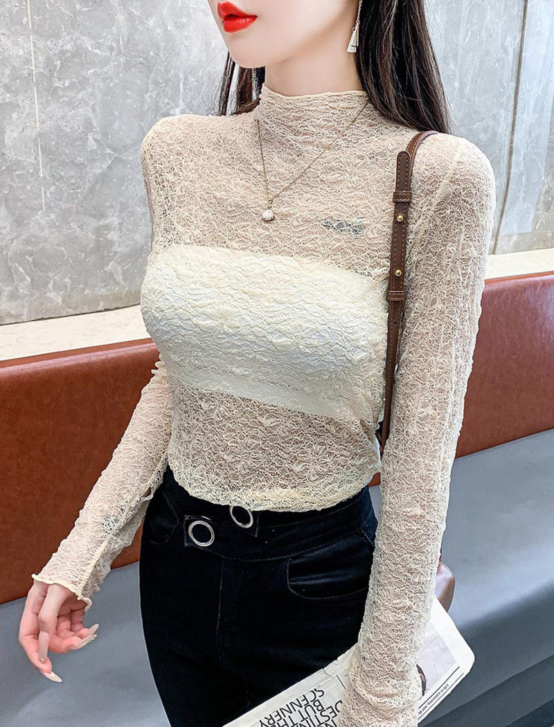 Sheer Long-Sleeve Mock Neck Top