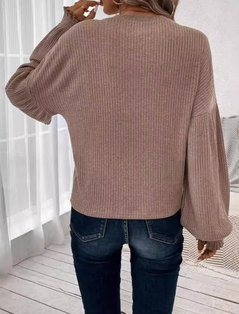 Balloon-Sleeve Ribbed Knit Top