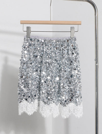 Glitter Sequin Lace Hem Mini Skirt