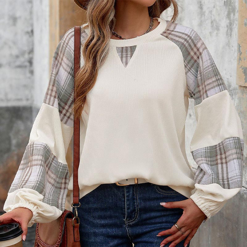 Plaid Patchwork Long-Sleeve Top