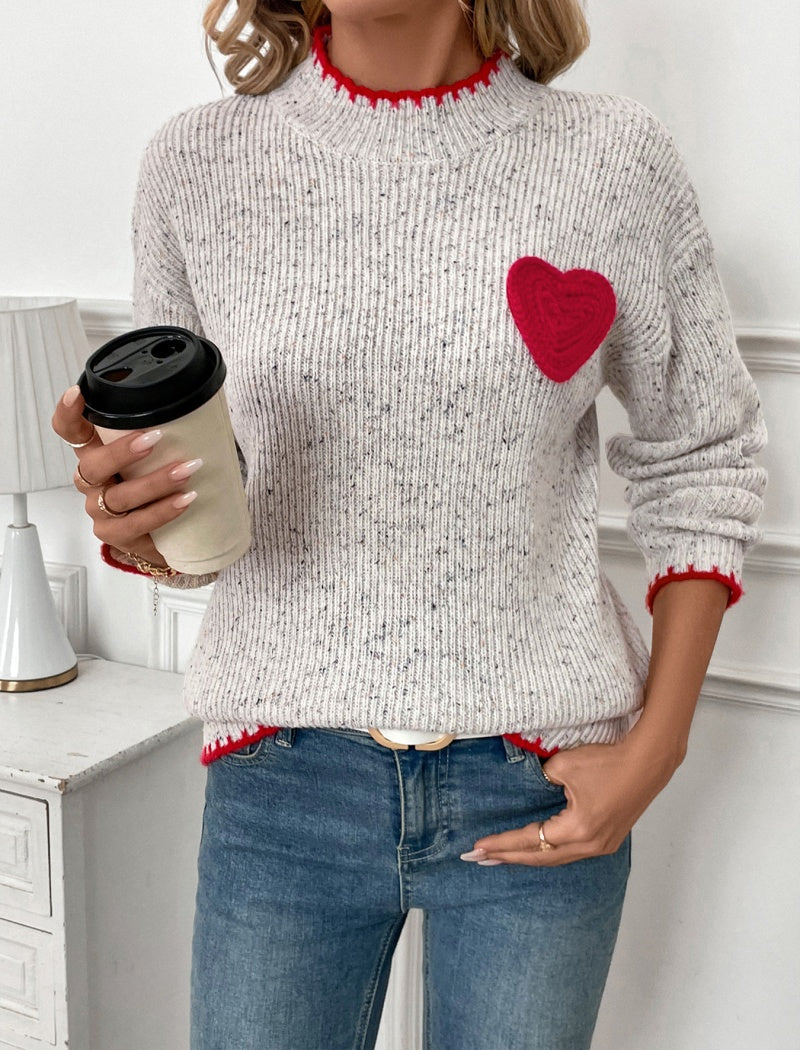 Crew Neck Sweater with Heart Patch Design