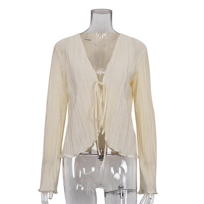 Pleated Tie-Front Crop Blouse