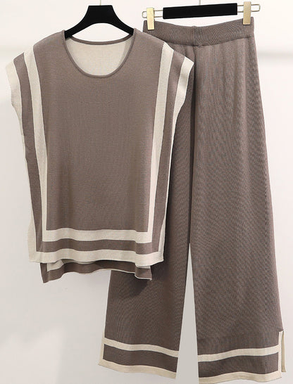 Color-Block Knit Sweater and High-Waisted Wide-Leg Pants Set