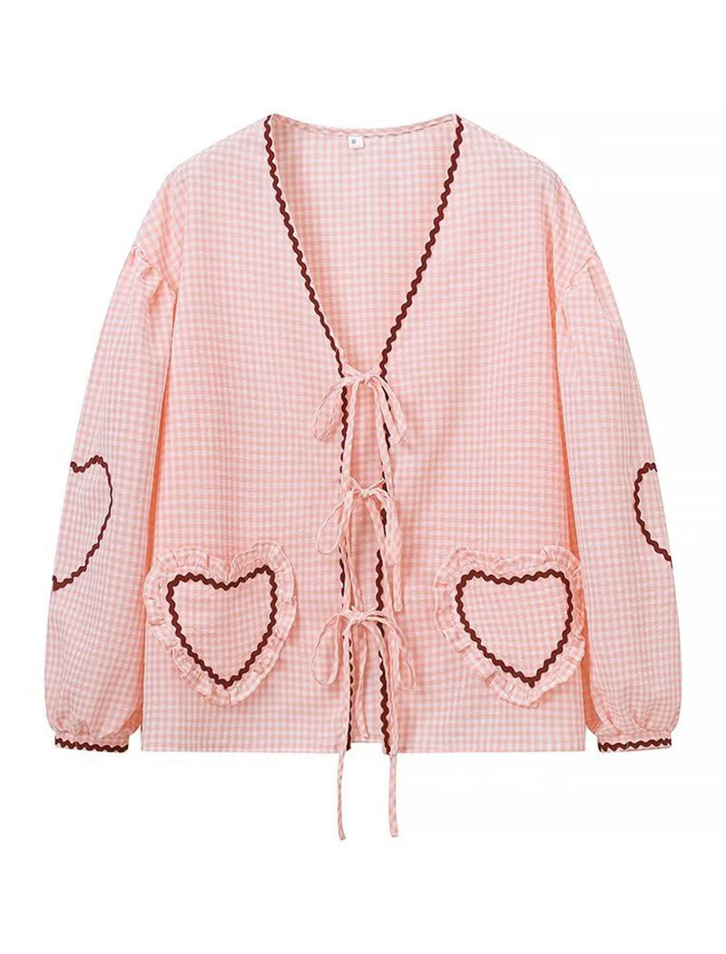 Heart Pocket Checkered Loose Long Sleeve Shirt