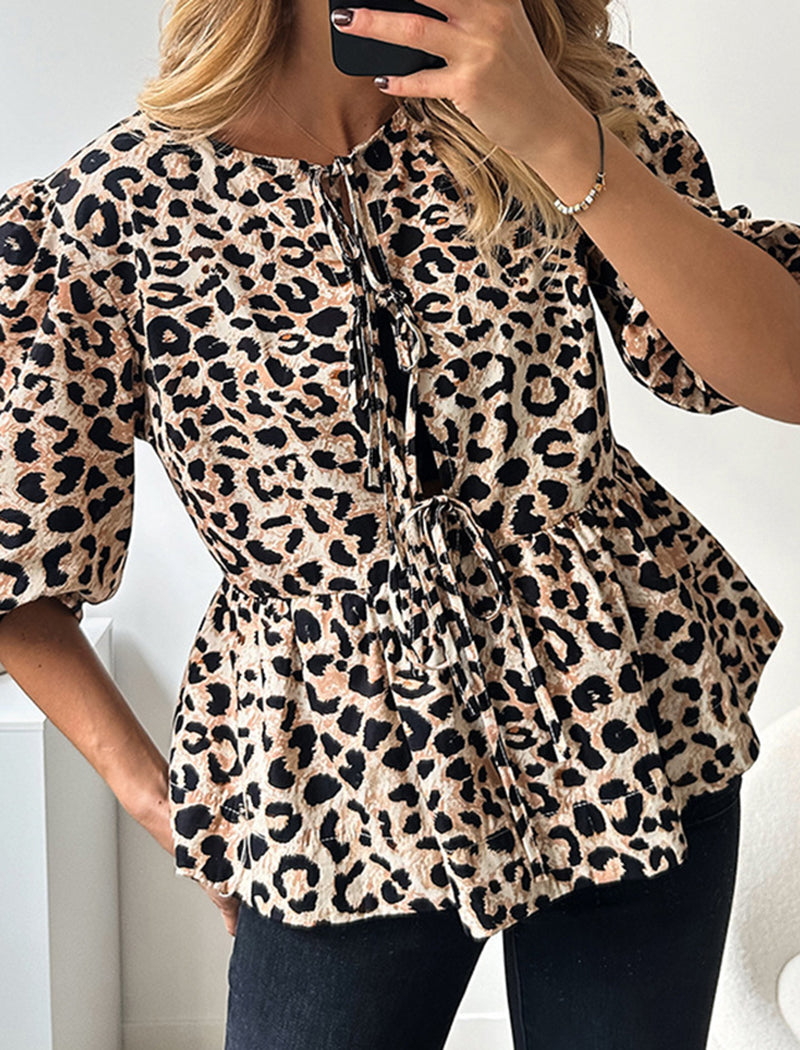 Leopard Print Tie-Front Puff Sleeve Shirt
