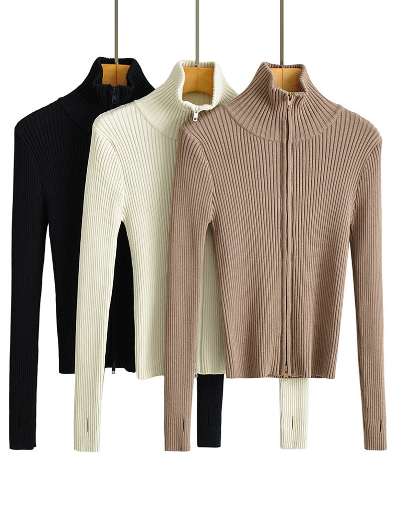 Ribbed Knit High-Neck Long-Sleeve Sweater