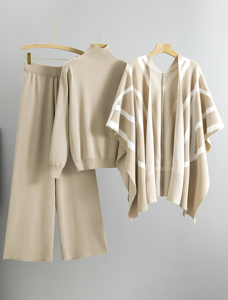 Knit Top and Cape and Wide-Leg Pants Three-Piece Set