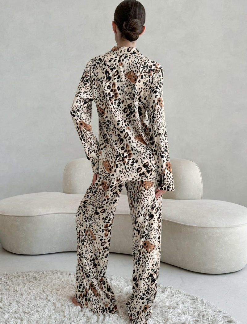 Leopard Button-Down Shirt and Wide-Leg Pants Set