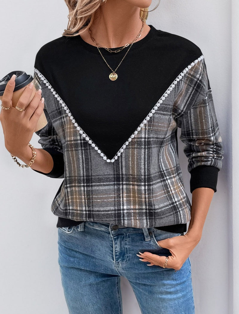 Plaid-Panel Round Neck Top