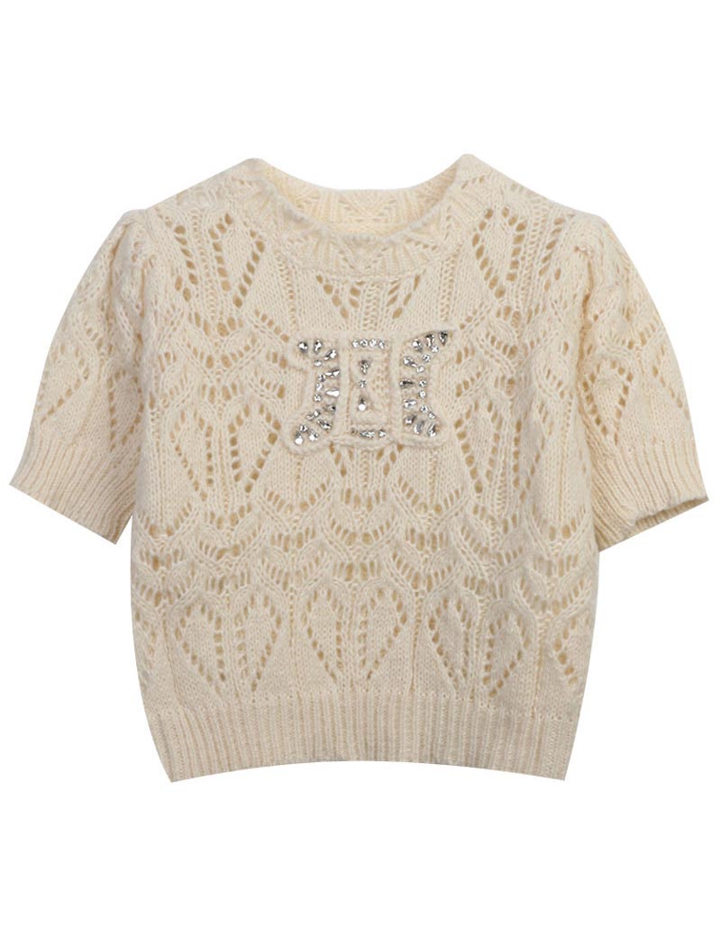 Rhinestone Logo Crochet Knit Top