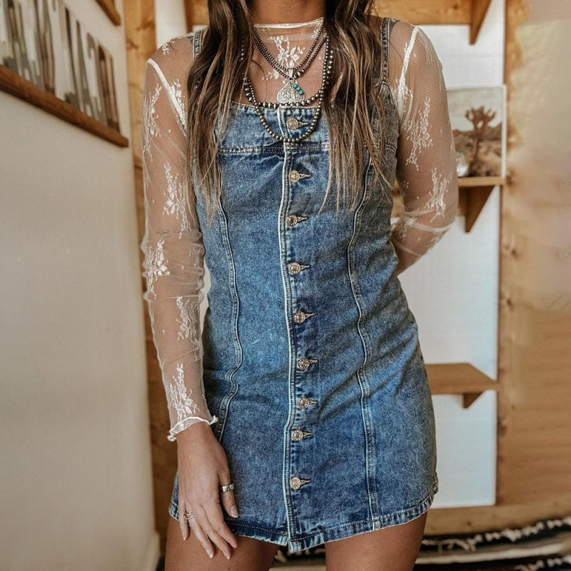 Button-Front Denim Mini Dress