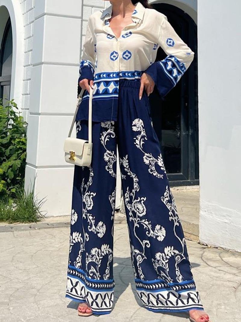 Graphic Button-Up Shirt and Wide-Leg Pants Set