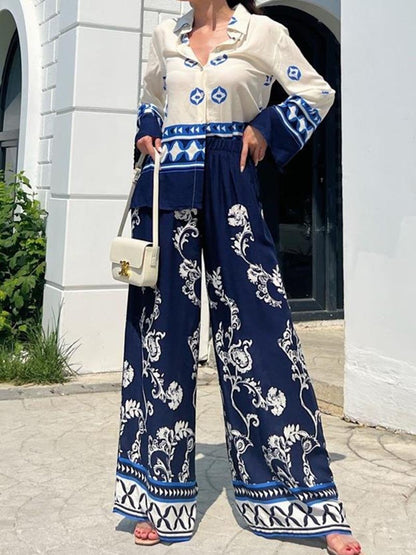 Graphic Button-Up Shirt and Wide-Leg Pants Set